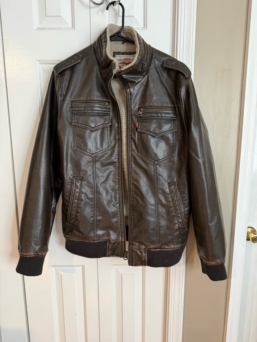 Levi's Dark Brown Faux Leather Bomber Jacket with Sherpa Lining
